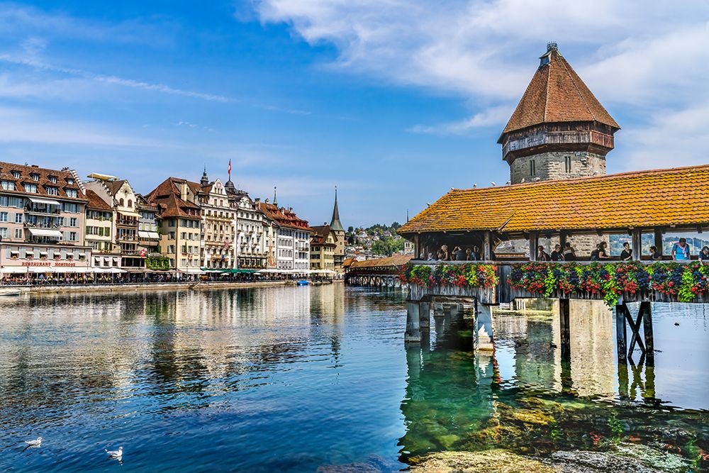 Kapellbrucke over Reuss River-Lucerne-Switzerland. Built in 1365 almost burned down in 1993.